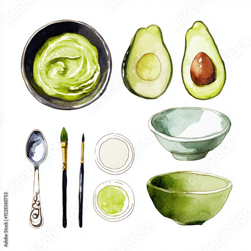 Natural skincare routine at home, Modern Line Art + Watercolor with avocados and bowls