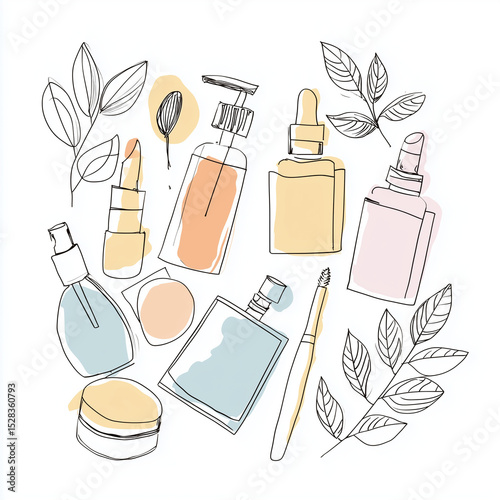Natural skincare routine at home, Modern Line Art + Watercolor of skincare products and tools