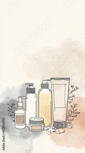 Natural skincare routine at home, Modern Line Art + Watercolor with various skincare products on soft watercolor background