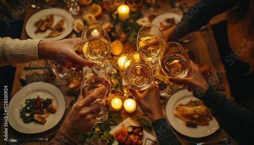 Group of young Asian friends cheer with wine glasses during a celebratory dinner party in a cozy home at night filled with warm lighting