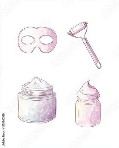 Natural skincare routine at home, Modern Line Art + Watercolor with skincare tools and products