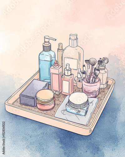 Natural skincare routine at home, Modern Line Art + Watercolor with a collection of skincare and beauty products on a tray