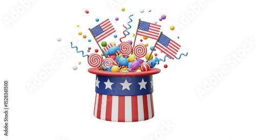 Festive Patriotic Candy Hat: An eye-catching illustration that captures the festive spirit with a whimsical hat overflowing with colorful candies and the iconic American flag elements.