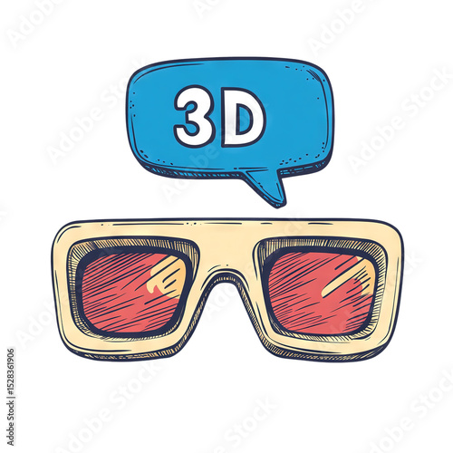 Cartoon illustration featuring 3d glasses and a speech bubble showcasing the concept of three-dimensional entertainment.