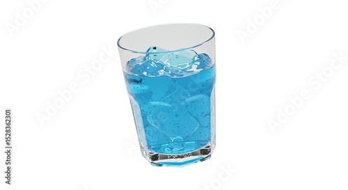 Refreshing Blue Drink: a close-up shot of a transparent glass brimming with an icy blue drink, evoking a sense of refreshment and coolness. The scene focuses on the play of light on the cold.