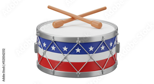 Patriotic Drum and Sticks: A close-up studio shot features a vintage drum, adorned with patriotic stars and stripes. Wooden drumsticks are elegantly crossed.