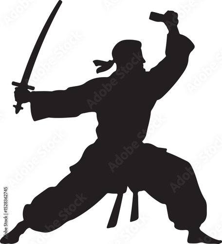 Silhouette of a Martial Artist with Sword and Sai