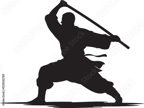 Silhouette of a Martial Artist with Staff Weapon