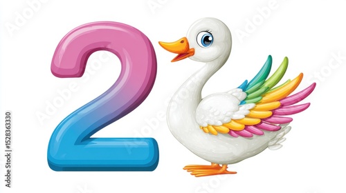 Fototapeta Naklejka Na Ścianę i Meble -  Number 2 illustrated as a graceful cartoon swan with bright colors and small wings, joyful and expressive, white background, for kids