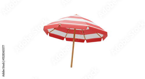 Red Striped Beach Umbrella: A vibrant, red and white striped beach umbrella provides shade from the sun, offering a perfect spot for relaxation on a hot summer day.