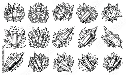 Detailed Magic Crayons coloring sheet for kids, featuring fine line art design, great for stress relief, mindfulness, and printable art therapy or coloring book activities.