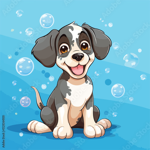 Cute Dog Cartoon with Speech Bubbles on Blue Background for Print and Web Projects