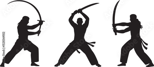 Silhouette of Three Warriors with Swords in Action Poses