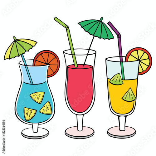 Cartoon Summer Drinks with Straws and Umbrellas