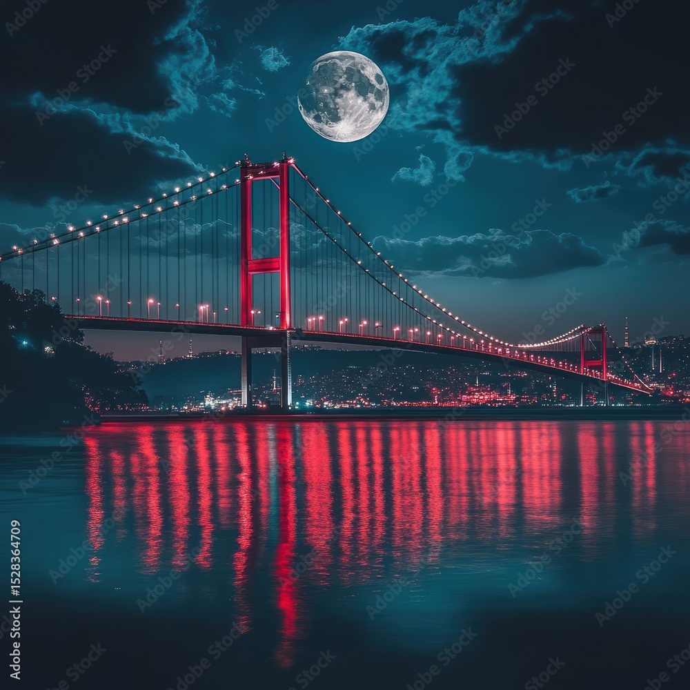 Fototapeta premium Night bridge, full moon, city lights reflect