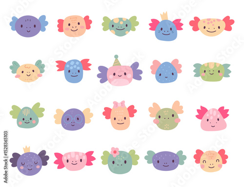 Charming cartoon axolotl face set created for and scandinavian style with cute animal friendly character head for yours illustration and creative designs projects