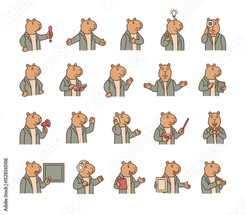 Capybara guide character set with hands, books, signs, boards, devices, emotions, communication, presentation, teaching, reading, message, symbols, approval, music, and expressive poses