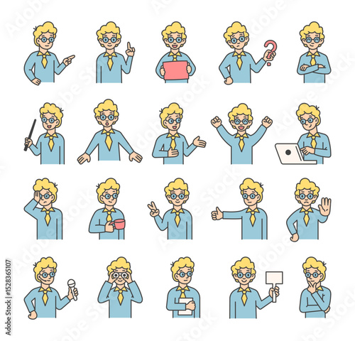 Boy guide character set with human features demonstrate communication, direction, teaching, thinking, celebration, and various emotional reactions for yours illustration and creative designs projects