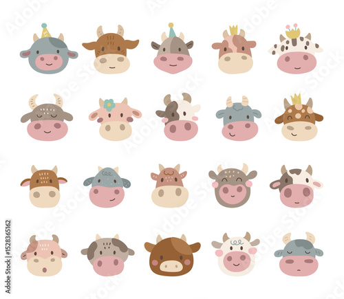 Charming cartoon cow face set created for and scandinavian style with cute animal friendly character head for yours illustration and creative designs projects