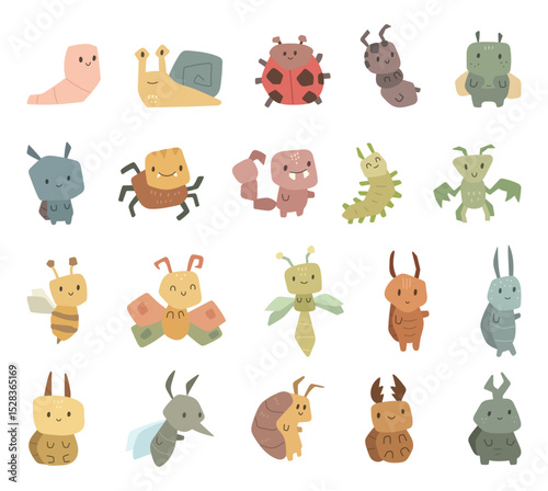 Animal insect character in scandinavian style set with cute worm snail beetle ant fly flea spider scorpion mantis mosquito created for charming cartoon illustrations