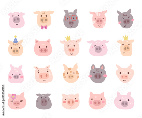 Charming cartoon pig face set created for and scandinavian style with cute animal friendly character head for yours illustration and creative designs projects