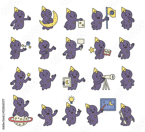 Spirit guide character set with astronomy teachers using stars, scrolls, moons, planets, books, signs, telescopes, thoughts, knowledge, ideas, communication and science tools
