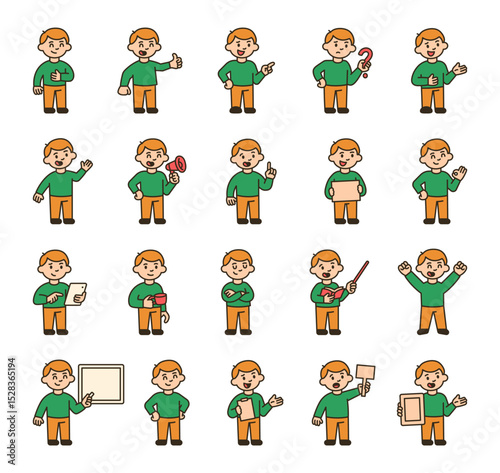 Boy guide character in educational pose set with tablet, pointer, signs, gestures, emotions, expression, standing position and communication symbols for yours illustration