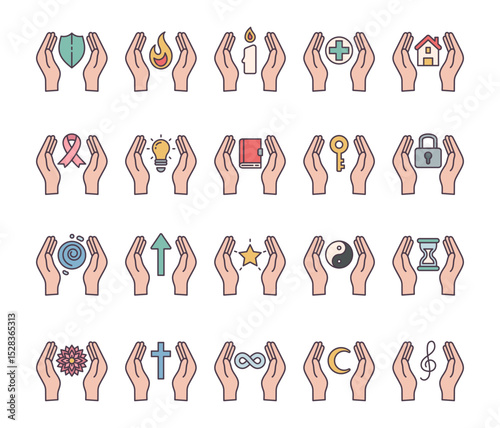 Spiritual abstract symbol set of elements with hands, flame, candle, house, key, lock, book, shield, moon, hourglass, star, ribbon, treble clef, mandala, and infinity