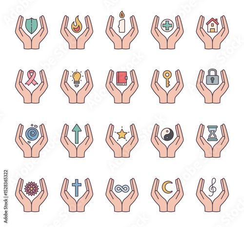 Spiritual abstract symbol set of elements with hands, flame, candle, house, key, lock, book, shield, moon, hourglass, star, ribbon, treble clef, mandala, and infinity