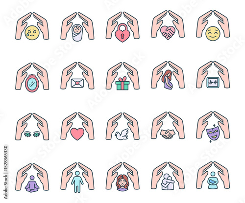 People protection and emotion support symbol set with heart, hands, face, child, woman, love, care, family, health, trust, connection, hug, mother, handshake, meditation
