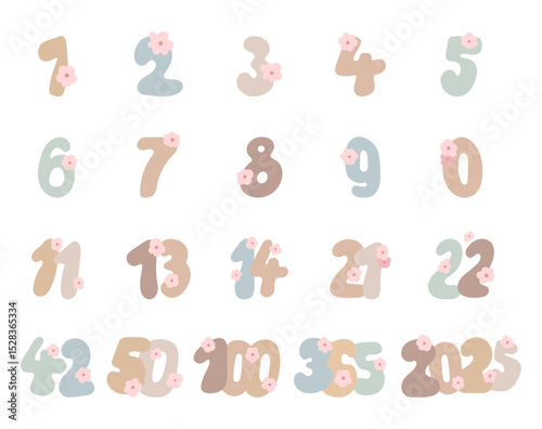 Set of numbers hand drawn numbers decorated with flowers for date, calendar, year, anniversary, celebration, with scandinavian style for yours illustration and creative designs projects