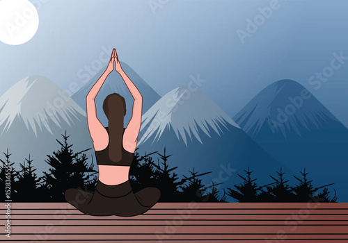 Beautiful girl doing yoga exercise in front of a mountain