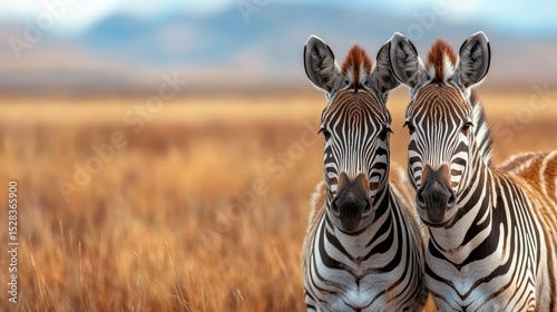 A captivating close-up of two zebras standing together, showcasing their striking black and white stripes set against a golden grassland backdrop under clear skies.