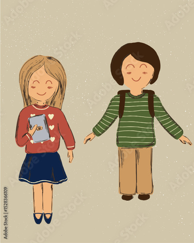 Cute hand drawn vector illustration of a schoolboy and schoolgirl. Perfect for back to school designs, educational materials, children's products, kindergarten decor, and learning themed projects.