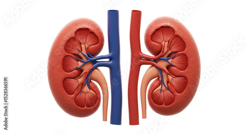 Human Kidneys Anatomy: A detailed, medically accurate illustration of a pair of human kidneys, showcasing their internal structure, renal arteries, and veins.