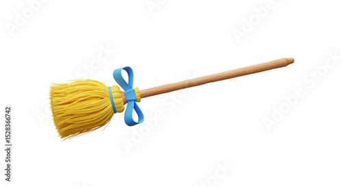 Broom and Bow: A whimsical, single broom adorned with a charming blue bow, perfect for illustrating home cleaning and a touch of decorative flair.