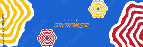 Creative summer vacation concept with bright yellow and red striped beach umbrellas on clear blue sky. Trendy summer design for poster, cover, advertisement, web banner, eps 10