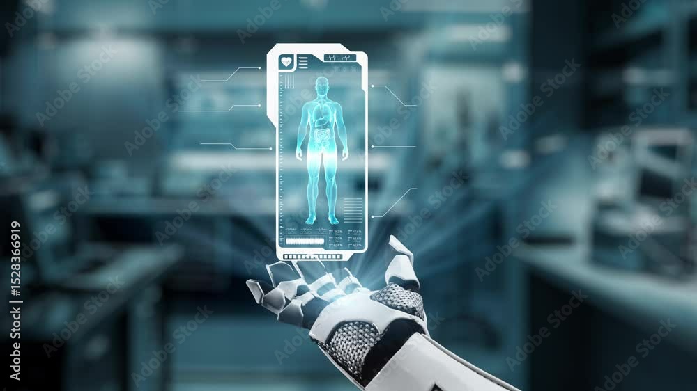 Close up of robotic hand open palm of hand with human anatomy holographic floating. Robot hand presenting x ray holographic while accessing and connecting with data to diagnosis symptom. Salubrious.