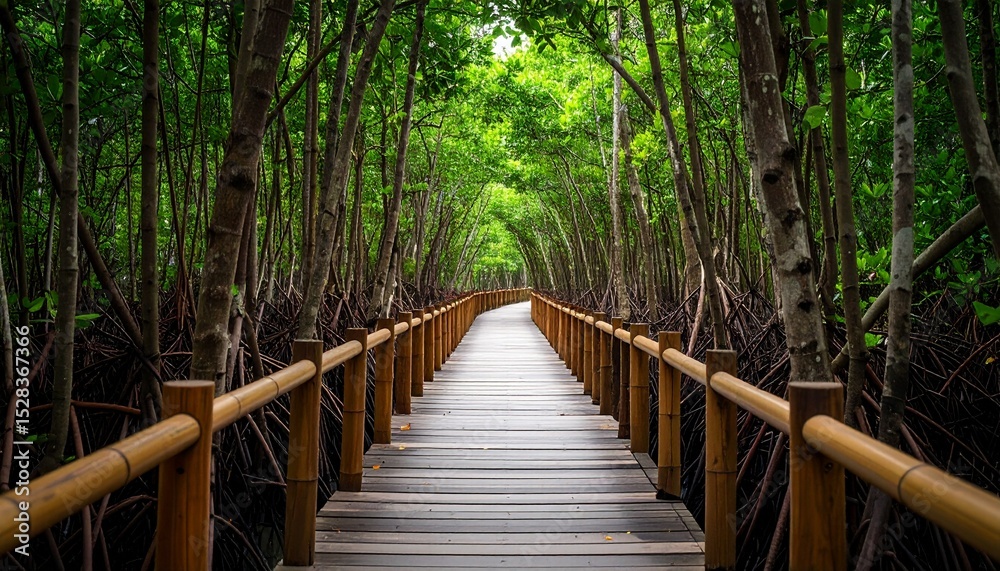 Obraz premium Bamboo pathways winding through dense mangroves, elevated structures preserving the delicate ecosystem below with minimal impact