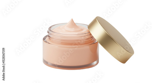 Luxurious Face Cream Jar: A close-up shot of a luxurious face cream in a glass jar with a gold lid, slightly open to reveal the creamy, peach-colored texture. The image is clean and minimalist. 