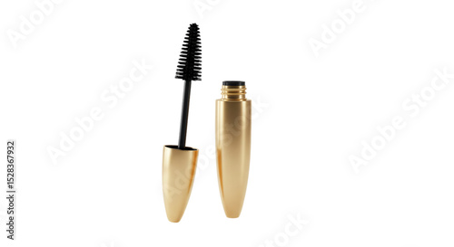 Golden Glamour: An open tube of mascara with a luxurious gold case and a mascara wand, ready to create a perfect beauty look.