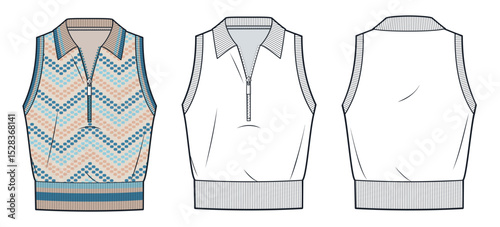 Knit Half Zip Polo Sweater Vest Technical Fashion Illustration. Polo Shirt fashion flat technical drawing template, sleeveless, front and back view, white, women, men, unisex CAD mockup set.