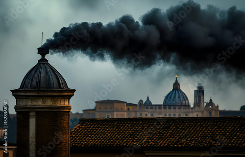 Black smoke rising from chimney on Vatican rooftop, Papal conclave. No new pope elected photo