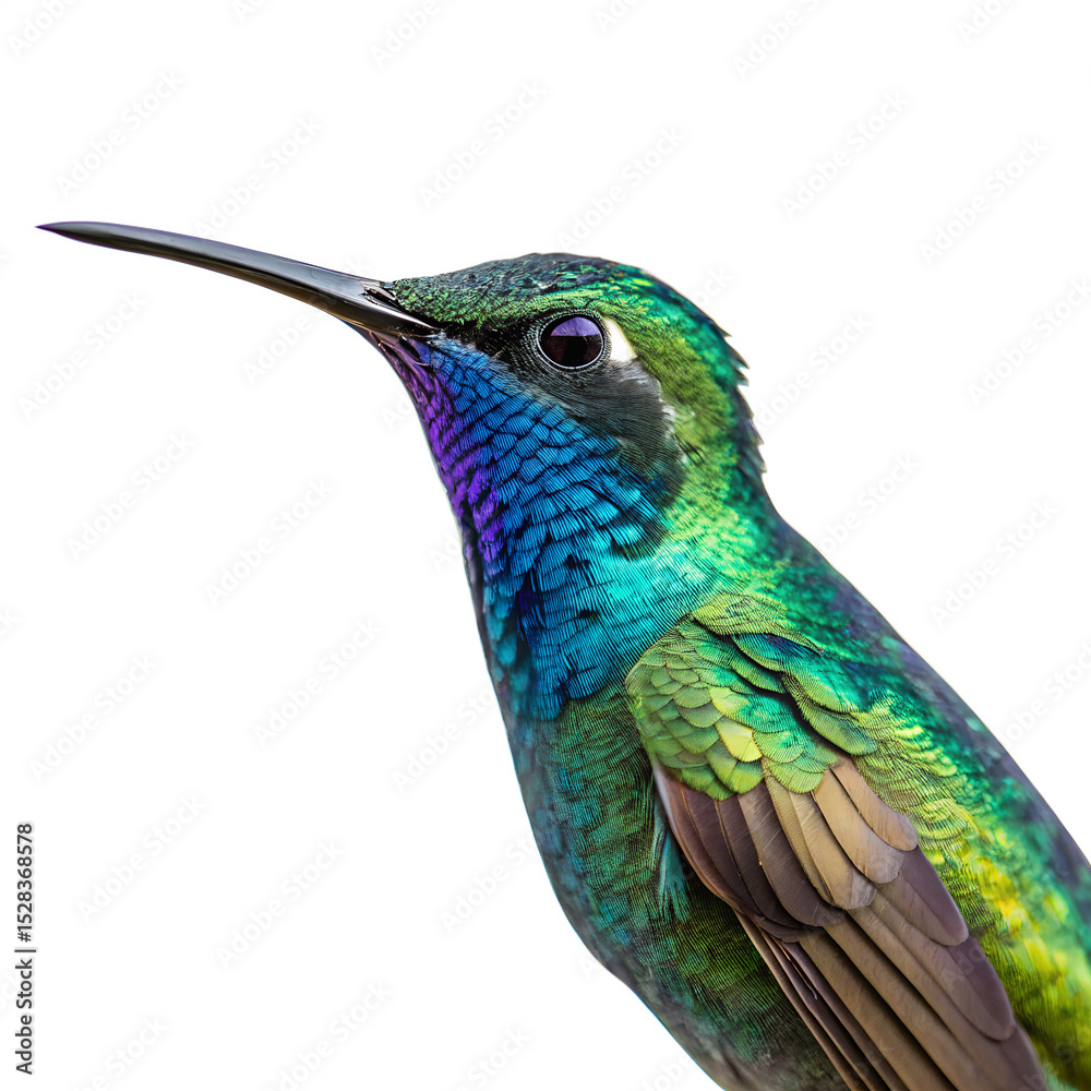 Fototapeta premium A close-up of a vibrant hummingbird with iridescent green and blue feathers. The bird has a long, slender beak and a striking appearance against a black background.