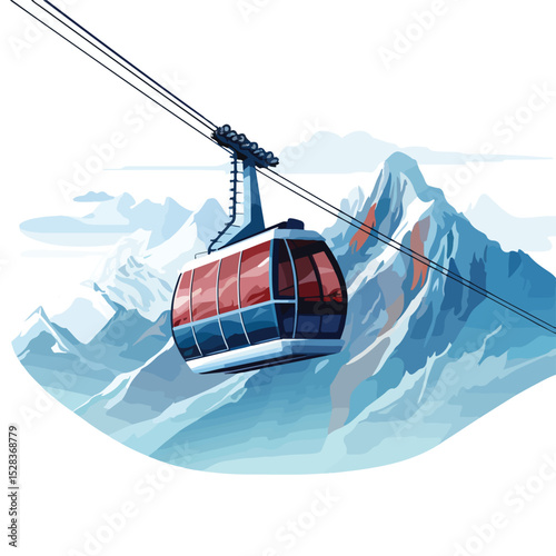Scenic Sky Cable Car Transport over Mountain with Shadows Vector Illustration