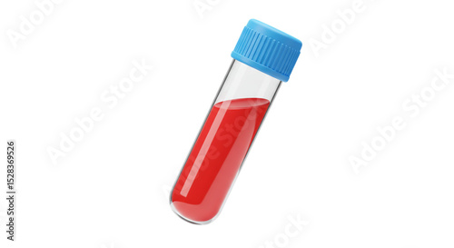 Blood Sample in Test Tube: A tilted test tube filled with a vibrant red liquid, capped with a light blue lid, against a plain background.