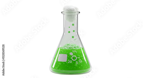 Science Experiment: A clear glass beaker with a bubbling, vibrant green liquid, captured in a clean, studio setting, creating a sense of scientific curiosity and discovery.