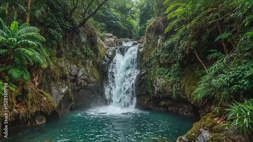 Powerful Tropical Waterfall Cascading Through Lush Rainforest Vegetation