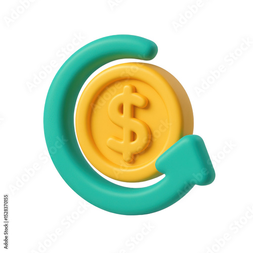 Cashback icon with rotating arrow surrounding dollar coin, 3d icon cartoon plastic style, transparent background, png