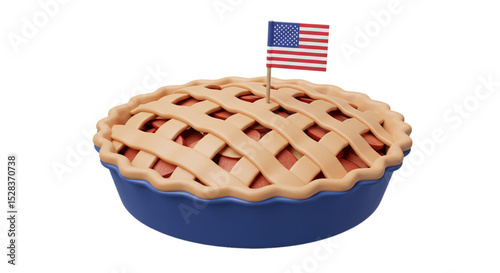 All-American Apple Pie: A freshly baked, delicious apple pie with a beautifully lattice crust, adorned with a small American flag, evokes warmth and nostalgia for Independence Day celebrations.
